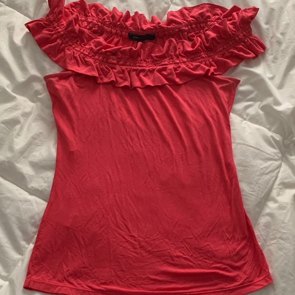 BCBG Max Azria Off Shoulder Ruffle Top, Stretch Knit, Coral Pretty Pink
